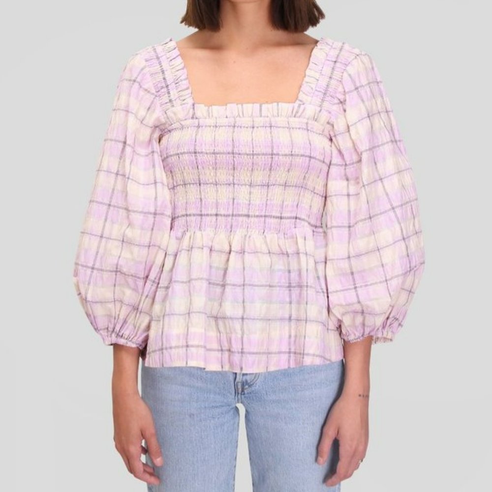 Ganni 36 US 4 Seersucker Check Smocked Top Lilac 3/4 Puff Sleeve NWOT